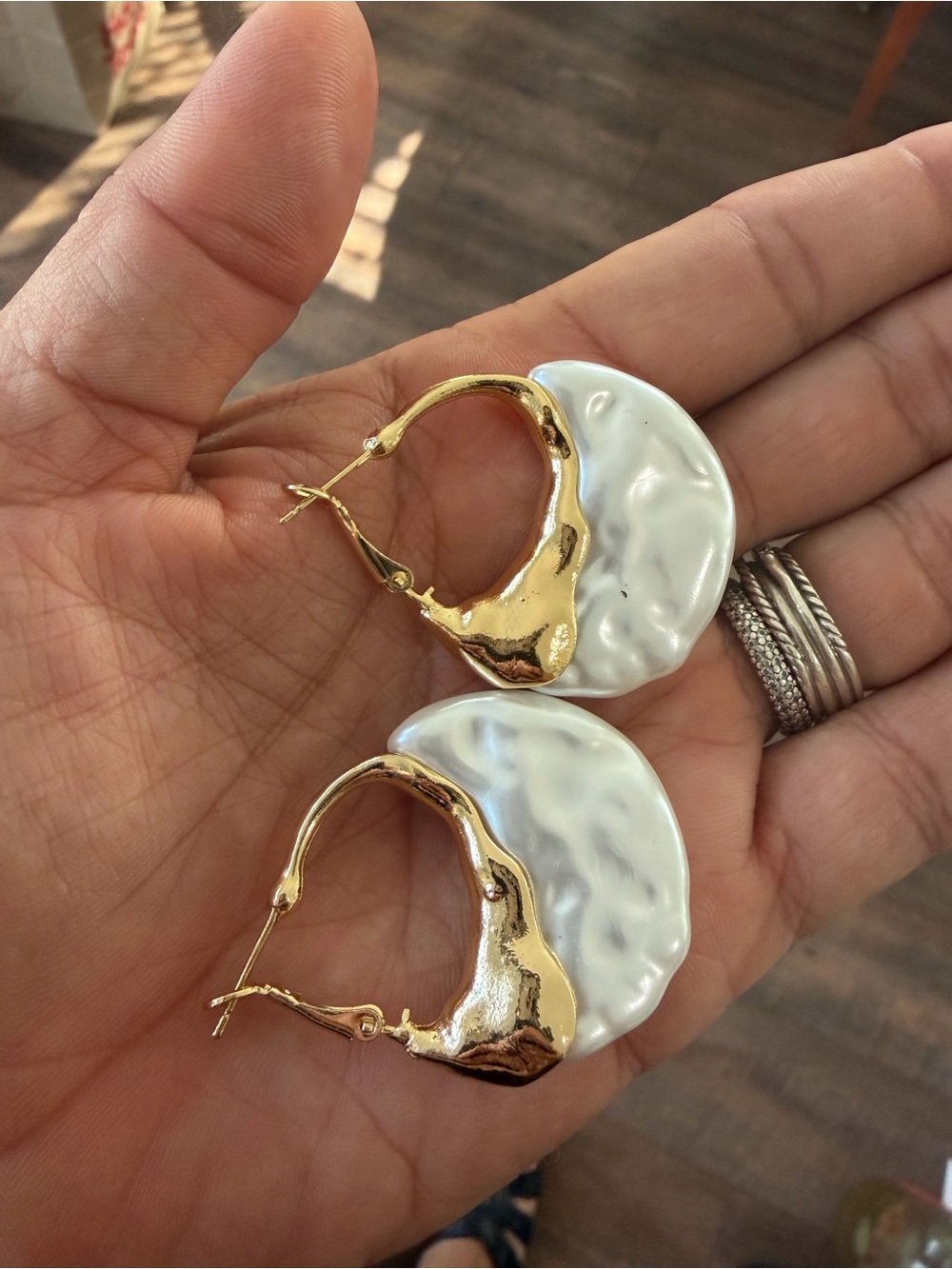 Gold and White Crescent Hoop Earrings